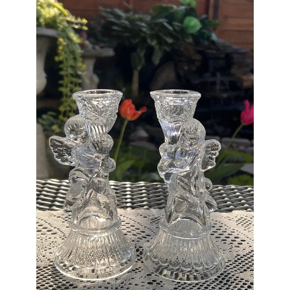 Vintage Clear Glass Angel Candle Holders Pair Praying Angel/ Cherub Candlsti